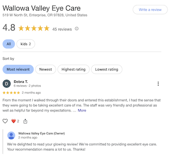 Google Reviews page for Wallowa Valley Eye Care showing 4.8 stars